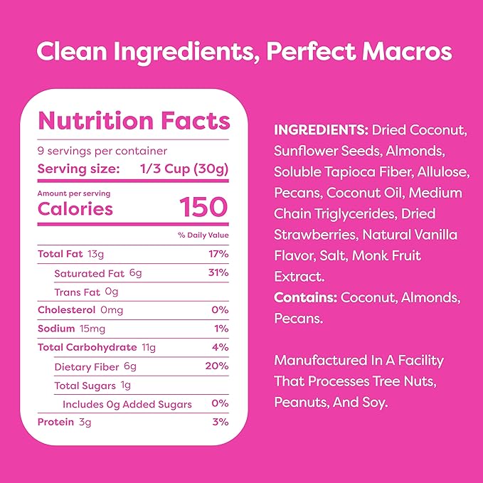Kiss My Keto Sugar Free Granola, Strawberry Vanilla 4-Pack – Curb Cravings with Few Net Carbs – Allulose Sweetened, Resealable & Gluten-Free Crunchy Clusters – Grain Free Granola Great With Yogurt or Milk