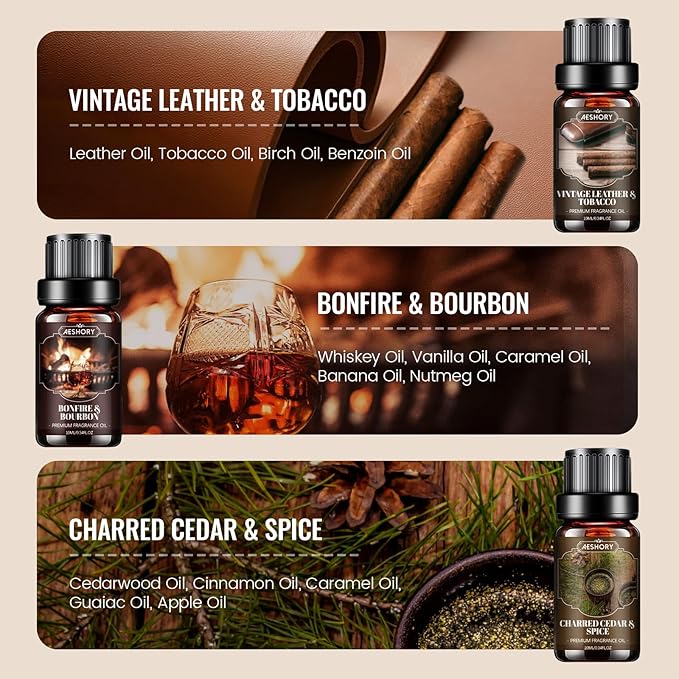 Men Essential Oils Set, Fragrance Oil for Diffuser, Leather, Tobacco, Cedar, Bourbon Whisky, Bergamot, Candle Scents for Candle Making, Soap Making Supplies, Man Aromatherapy Diffuser Oils Kit(6x10ML)
