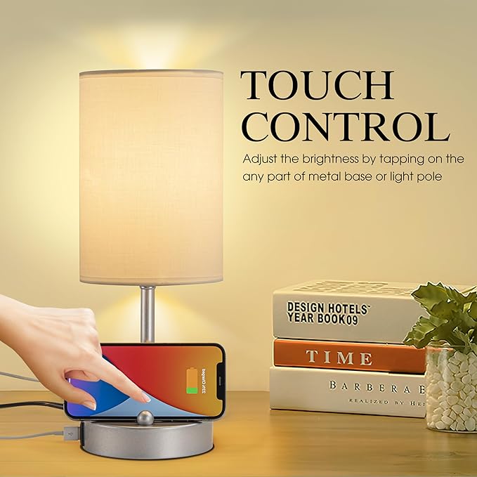 Briever Touch Control Table Lamp for Bedroom, 3-Way Dimmable Nightstand Lamp with USB Charging Ports, Bedside Desk Lamp with Silver Base Phone Stand & Linen Fabric Shade, Bulb Included