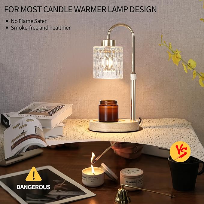 Gold Candle Warmer Lamp with Dimmer and Timer,Home Decor Lamp for Scented Jar,Electric Wax Melt Warmer,Mother's Day/Birthday/Christmas Gifts for Mom/Wife,Adjustable Height,with 2 Bulbs
