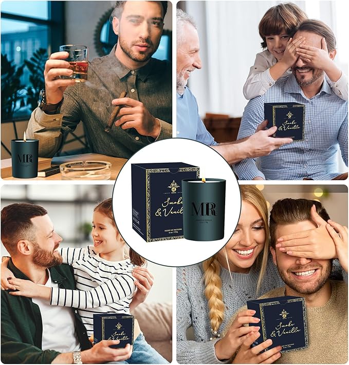 Scented Candle Gifts Set - Men Candle Set, Scented Candles for Home, Gifts for Men Aromatherapy Gift Set, Ideal for Dad Fathers Day Husband Boyfriend (Smoke & Vanilla)