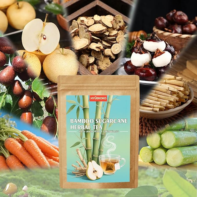 20 Bags Sugarcane Imperata Root Pear Tea, Caffeine-Free Natural Ingredients Herbal Tea Bags, Supports Lung Cleanse, No Additives, Daily Enjoyment Tea for Men & Women