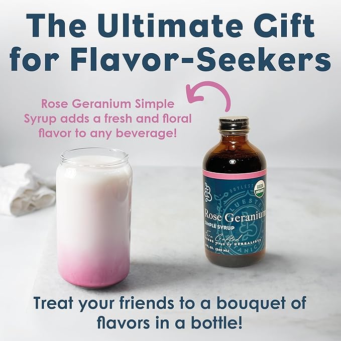 Bluestem Botanicals Organic Rose Geranium Simple Syrup, 8 oz, Cocktail and Mocktail Mixer for Drinks, Non-Alcoholic