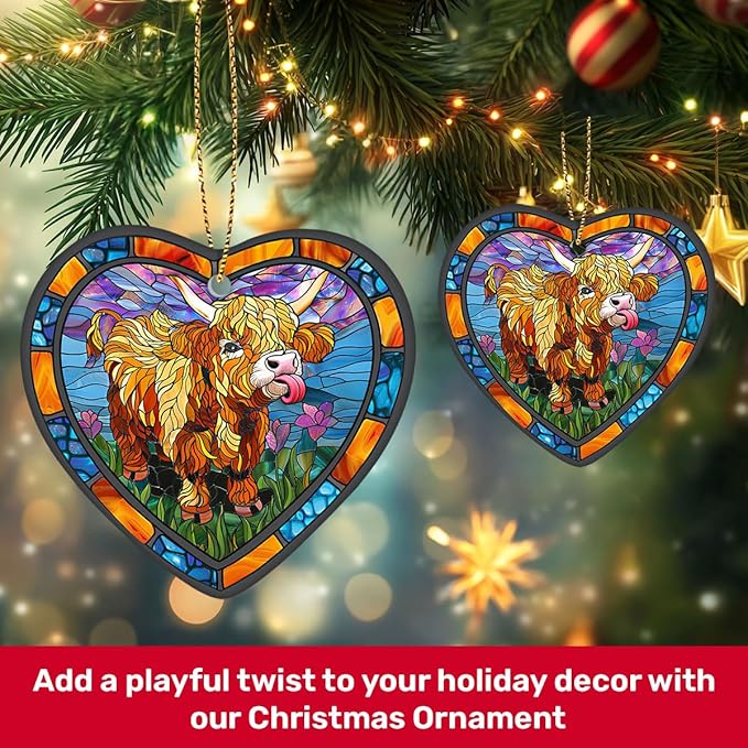 1pc 2 Side Printed Highland Cow Ceramic Ornament 2025, Heart-Shaped Christmas Tree, Cute Keepsake Decoration