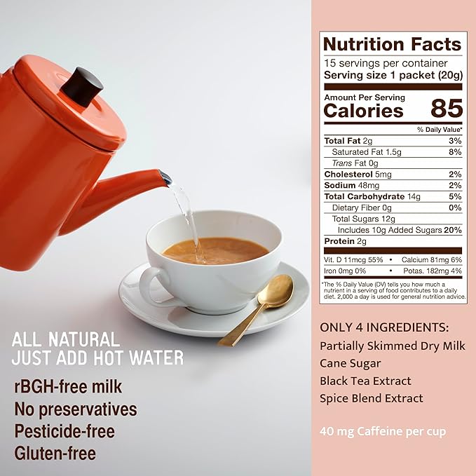 Jaipur Avenue Vanilla Chai Tea Mix Crafted with All-Natural Assam Black Tea, Vanilla, Cane Sugar, and Premium Dry Milk - Preservative-Free, Gluten-Free, Authentic Indian Chai Tea Latte (15 Servings)