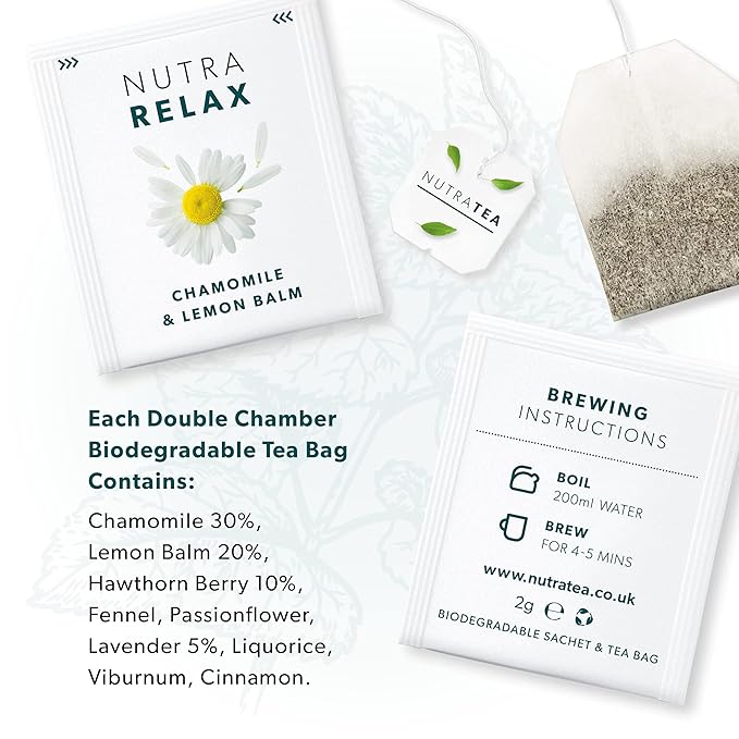 NUTRARELAX - Sleep and Calming Tea – Helps with Relaxation and Sleep – Includes Chamomile, Lemon Balm and Passionflower - 20 Enveloped Tea Bags - by Nutra Tea - Herbal Tea