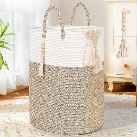 65L Woven Laundry Basket for Clothes, Large Rectangle Laundry Hampers with Beads Tassel, Nursery Storage Basket for Toys, Tall Dirty Clothes Hamper for Bedroom Aesthetic, Laundry Room Organization