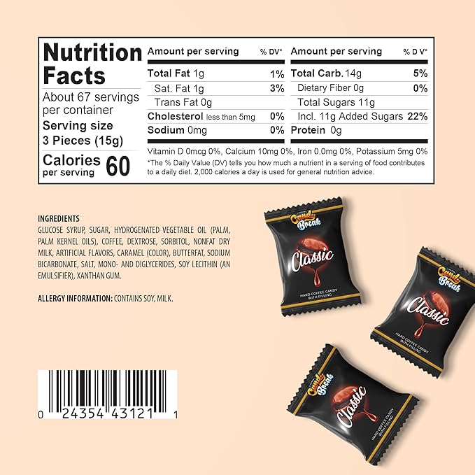 Candy Break Coffee Drops, Center Filled Hard Candy, Coffee Candy Individually Wrapped Snacks, Espresso Flavored Hard Candies, Caffeine Candies 2.2 Pound Bulk Bag, Pack of 1