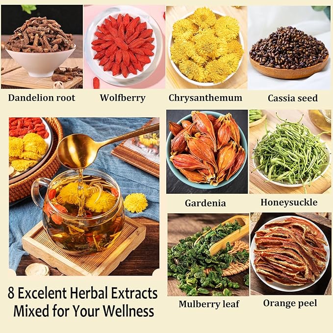 Dandelion Wolfberry Tea, 12 Pcs Natural Kidney & Liver Detox Tea, 8 Chinese Herbal Ingredients Blend, Dandelion Wolfberry Organic, Cassia seed, Chrysanthemum, Honeysuckle (144g,12gx12 packs)