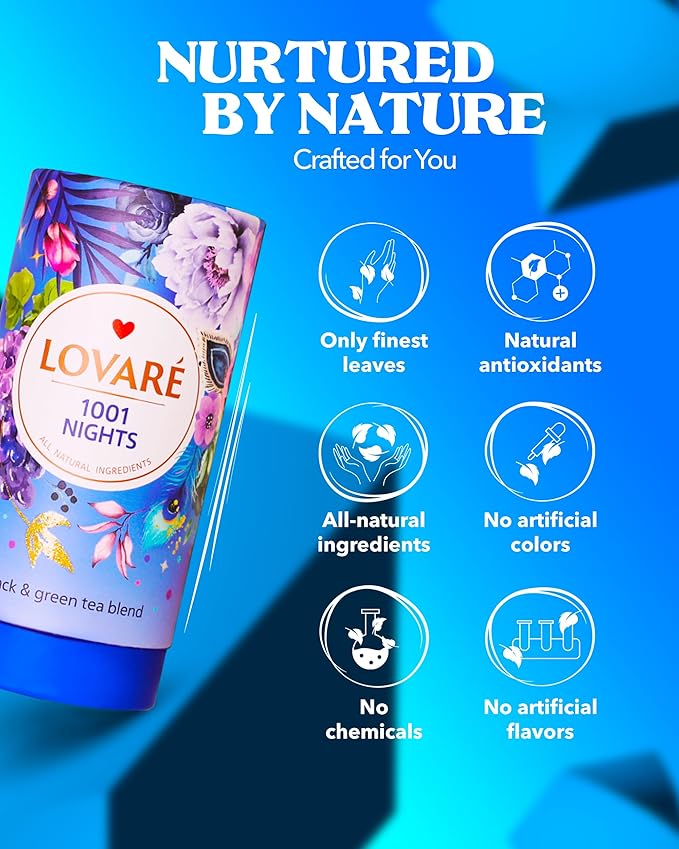 LOVARE 1001 Nights Loose Leaf Tea 80 g - Made in Ukraine - Black and Green Tea, Apple, Cornflower, Calendula, Rose, Safflower Petals, Rosebuds - Gift Box with 15 Paper Filters