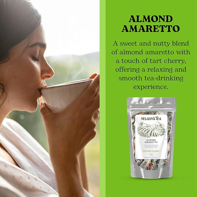 Nelson's Tea Almond Amaretto - Herbal Green Loose Leaf Tea, Curated Blend with Sencha Green Tea, almonds, Dried Cherries, and Safflower - Perfect for Bedtime Brew (2 oz)