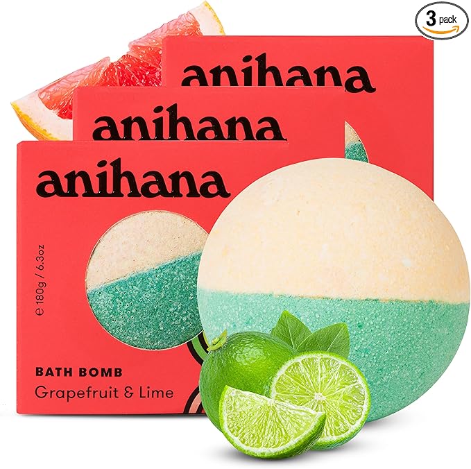 ANIHANA Bath Bombs with Coconut Oil, Paraben Free, Hand-Crafted Luxury Fizzers, Refreshing Grapefruit & Lime Scent, 6.3 oz Each, 3 Pack