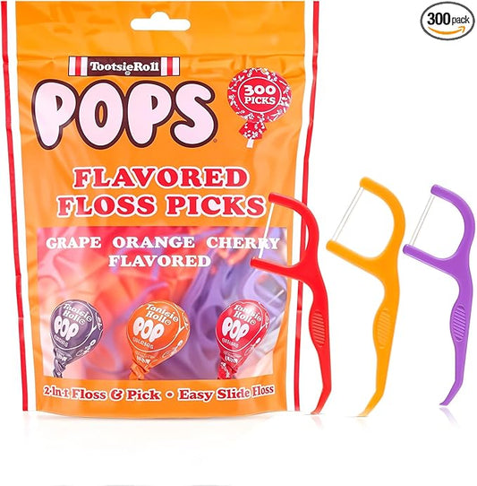 Flavored Floss Picks, 300 Count, Dental Floss Picks for Teeth with Fun Fruit Flavors, Flosser Picks for Adults and Children, | Grape, Orange & Cherry Flavor