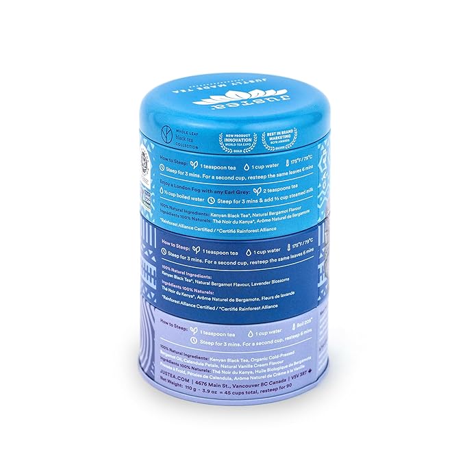 JusTea EARL GREY TEA TRIO | Stacking Tins Variety Pack with Hand Carved Tea Spoon | Loose Leaf Tea | High Caffeine | Fair Trade | Non-GMO