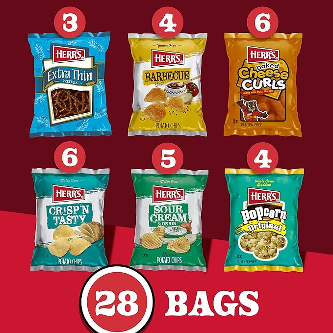 Herr’s Snacks Variety Pack, Potato Chips, Pretzels, Popcorn, Cheese Curls, 26oz Box (28 Bags)