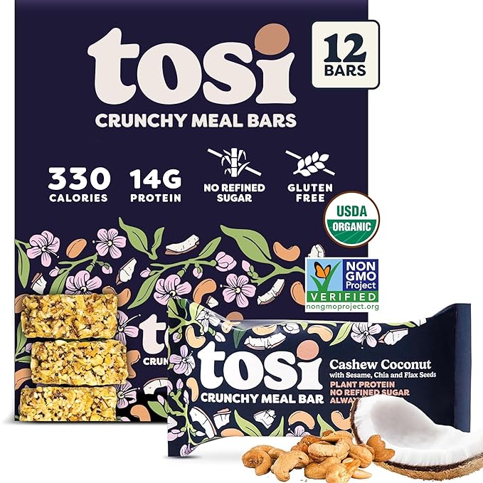 Tosi Cashew Coconut Protein Bars, Plant Based with Nuts, Gluten-Free Crunchy Snacks, Vegan, Organic, Flax & Chia Seeds, Soy-Free, Omega 3s, 14G Protein, 2.4 oz, 12-Pack