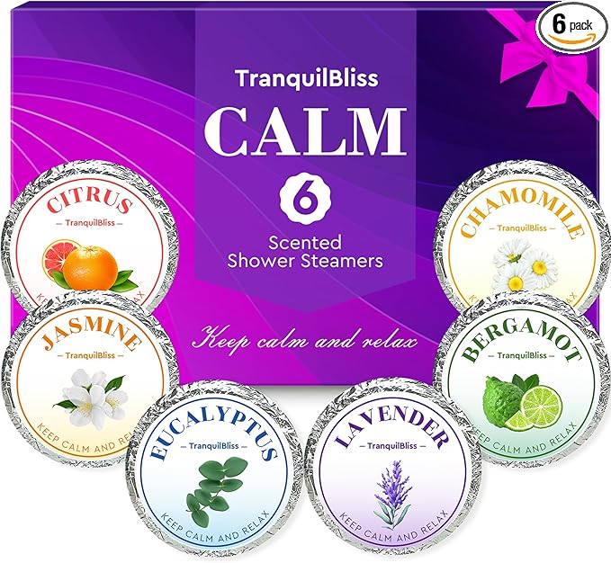 TranquilBliss Shower Steamers, Shower Bombs with Natural Fragrance, Self Care& Relaxation, Mother's Day, Christmas Birthday for Women and Mom, Individually Packaged, Purple Set 1 Packs（6 Tablets）