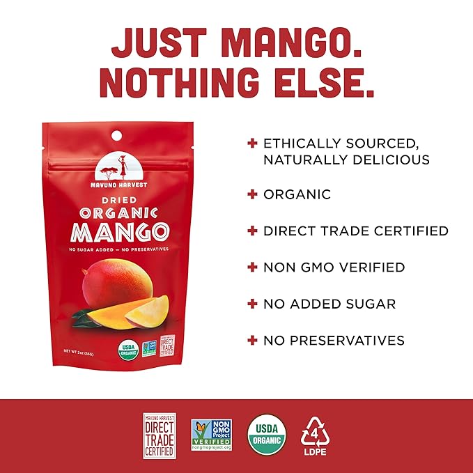 Mavuno Harvest Mango Dried Fruit Snacks | Unsweetened Organic Dried Mango Slices | Gluten Free Healthy Snacks for Kids and Adults | Vegan, Non GMO, Direct Trade | 2 Ounce, Pack of 6