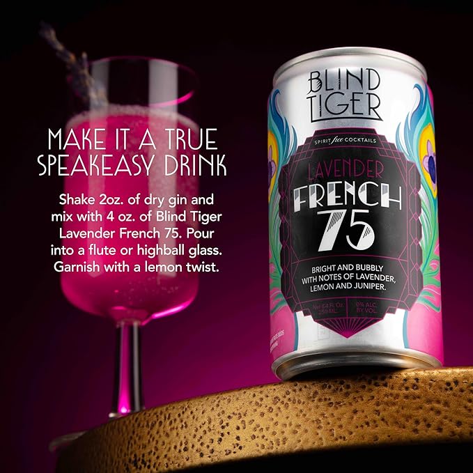 Blind Tiger Lavender French 75 4-pack – Premium Light Floral & Citrus Sparkling Non-Alcoholic Cocktail - Award-Winning Crafted Elegance - Ready to Drink or Mix - 8.4oz Per Can
