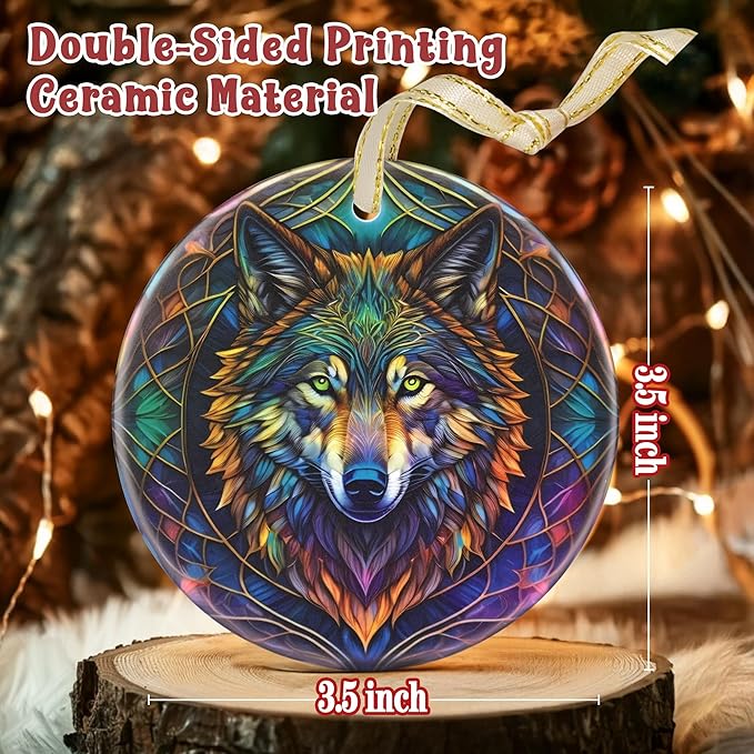 Ceramic Wolf Hanging Ornament - Christmas Tree Decor - Gifts for Wolf Lovers