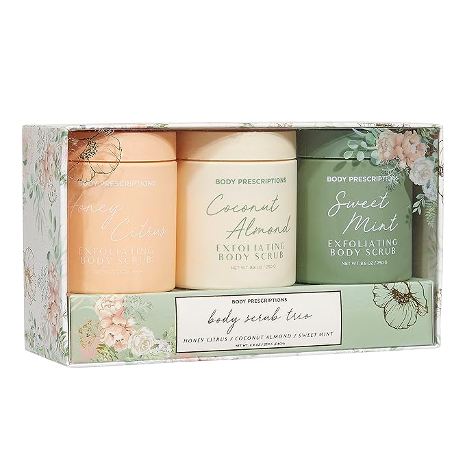 Body Prescriptions Exfoliating Body Scrub – Body Cleanser for Nourished, Ultra-Smooth Skin, Honey Citrus, Coconut Almond, and Sweet Mint