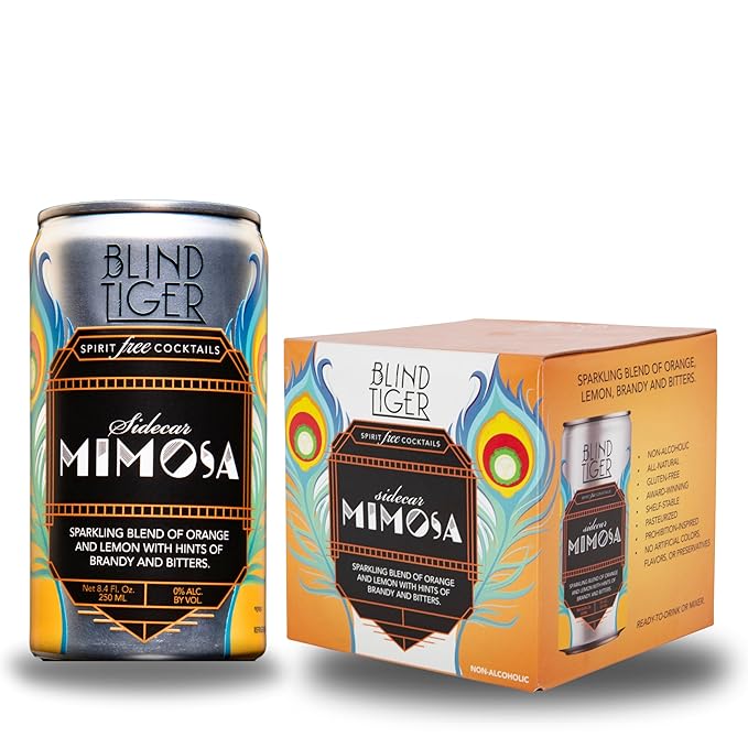 Blind Tiger Sidecar Mimosa 4-Pack | Orange, Lemon & Bitters Non-Alcoholic Sparkling Mocktail| Crafted with Natural Ingredients | Mixers, Cocktails, Mocktails | 8.4 fl oz Cans