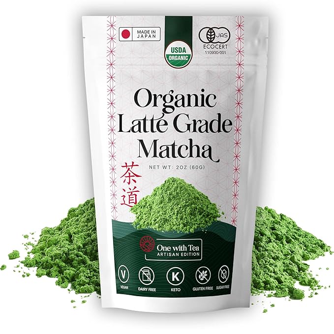 ONE WITH TEA Organic Matcha Latte Powder – Japanese Green Tea, USDA Organic, Made in, 2oz | For Hot & Iced Drinks, Smoothies & Lattes