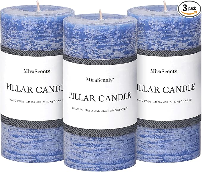 3x6 Inch Blue Pillar Candles Set of 3 - Hand-Poured Unscented Candles, Long Clean Burning, Large Big Candle, Smokeless Dripless Candle for Dinner Table, Wedding, Home, Bathroom, Rustic Decor