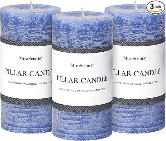 3x6 Inch Blue Pillar Candles Set of 3 - Hand-Poured Unscented Candles, Long Clean Burning, Large Big Candle, Smokeless Dripless Candle for Dinner Table, Wedding, Home, Bathroom, Rustic Decor