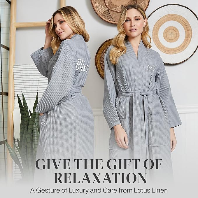Lotus Linen Waffle Robes for Women - Lightweight Cotton Kimono Bathrobe - Long Soft Spa Bath Robe