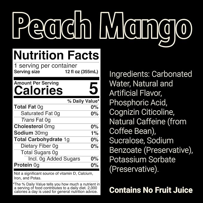 BUM Sugar-Free Energy Drink, Peach Mango - Lightly Carbonated & No Artificial Colors, Natural Caffeine & Citicoline for Energy & Focus, Brain Boost & Workout Sports Beverage - 12 oz, Pack of 12