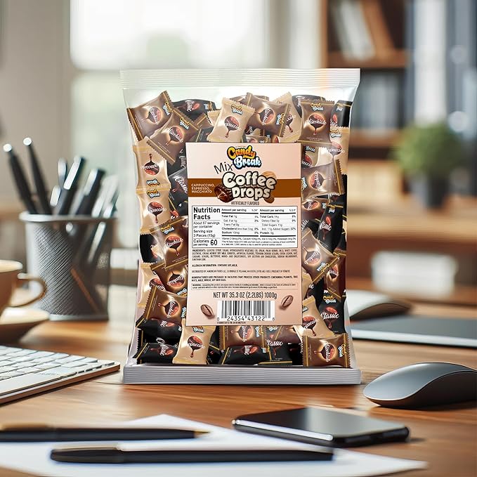 Candy Break Coffee Drops, Center Filled Hard Candy, Coffee Candy Individually Wrapped, Macchiato, Espresso, Cappuccino Flavored Candies, Caffeine Candies 2.2 Pound Bulk Bag, Variety Pack of 1