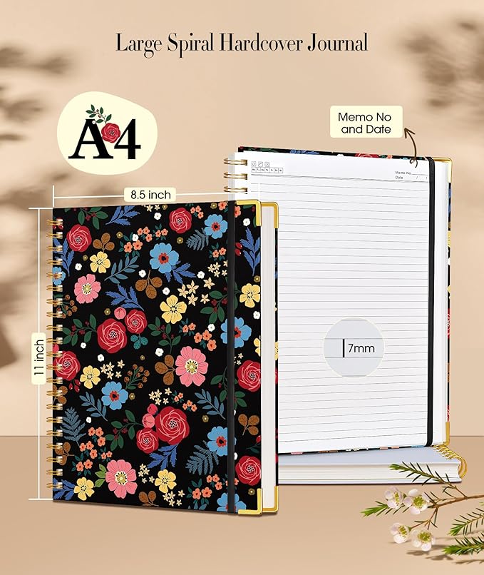 Cute Spiral Notebook Journal for Women, 200 Pages Lined Notebooks 8.5” x 11”, A4 Large Hardcover Spiral Journals with 100 GSM Thick Paper, College Ruled Notebook for Writing Work School, Rose Floral