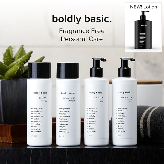 Boldly Basic Fragrance Free Lotion - Moisturizer for Dry and Sensitive Skin - Non Greasy - Unscented - Dermatologist Tested - No Sulfates, Parabens or Gluten - Hypoallergenic & Moisturizing