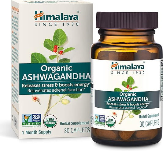 Himalaya Organic Ashwagandha Root, 30 Day Supply - Herbal Adrenal Support Supplements for Stress Relief and Energy Support - USDA Organic, Non-GMO, Vegan, Gluten Free, No Additives, 670 mg, 30 Caplets
