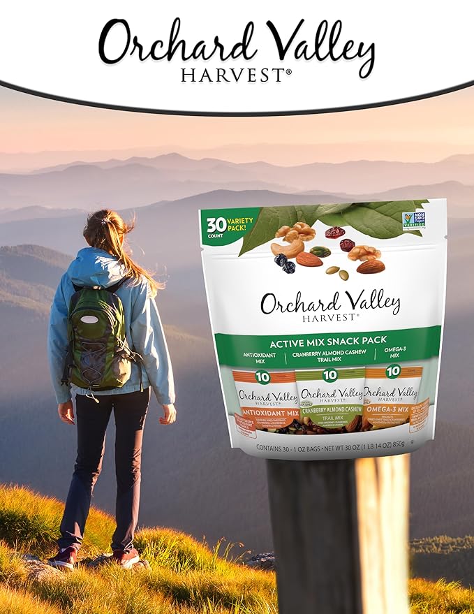 Orchard Valley Harvest Active Snack Pack Mix, 1oz Bags (Variety Pack of 30), Antioxidant Mix, Cranberry Almond Cashew, Omega-3 Trail Mix, Healthy Snacks for Adults and Kids, Gluten Free