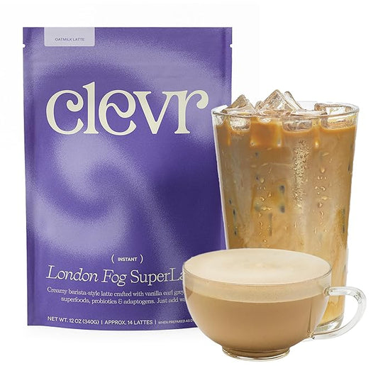 Clevr Blends London Fog Latte, Vegan, Earl Grey Instant Tea Mix, Superfood Powder Blend with Oat Milk, Black Tea, Reishi Mushroom, Organic Spices, Coconut Cream, Ashwagandha, Serve Hot or Iced, 12 oz