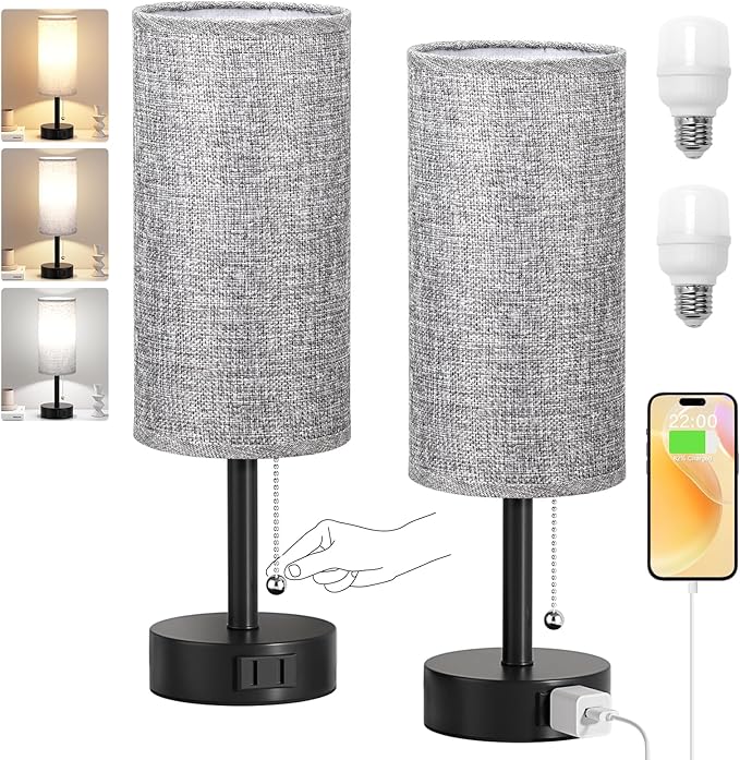 Fenmzee Grey Bedside Table Lamps Set of 2-3 Color Temperatures Pull Chain Lamp with AC Outlet Charging Port, Round Night Stand Lamps for Bedroom Office, Small Bed Side Light with E26 LED Bulbs