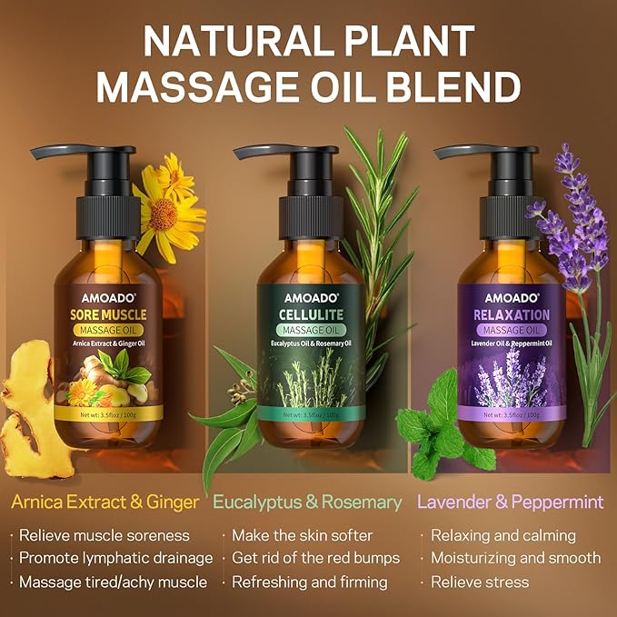 Massage Oil for Massage Therapy, Sore Muscle Massage Oils – 10.5oz, Arnica Oil,Anti Cellulite Eucalyptus,Lavender Essential Oils, Pain Relief & Spa-Quality Relaxation, Body Massage Oil Gifts Set