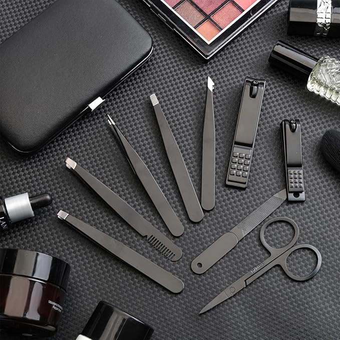 9PCS Professional Tweezers Set and Nail Clippers for Men and Women, Stainless Steel Tweezers No Gaps with Leather Travel Case
