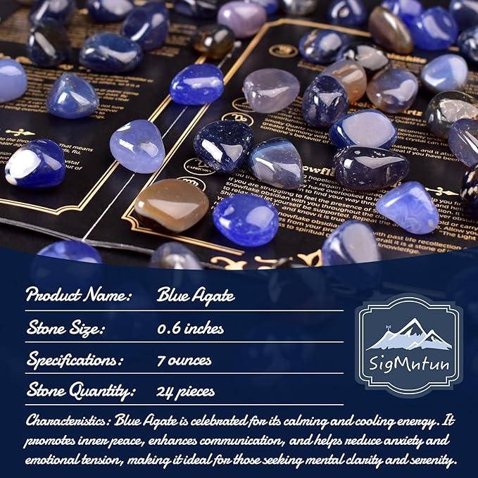 Blue Agate Healing Crystal Stone Set - 24 Pieces, 0.6" Natural & Polished Stones for Healing, Meditation, Reiki, Chakra, Crafting & Decoration