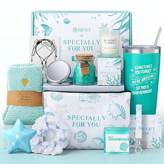 Briney 13Pcs Birthday Gifts for Women, Care Package for Women, Gift Basket, Unique Relaxing Ocean Themed Present for Mom Wife Sister Best Friend, Blue