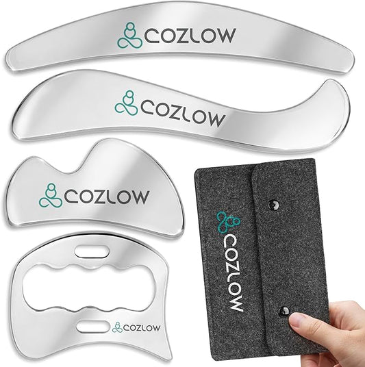 COZLOW 4-in-1 Muscle Scraper Tool Set - Skin Scraping Massage Tools for IASTM Therapy - Deep Tissue Gua Sha for Soft Tissue Mobilization, Fascia & Myofascial Release - Stainless Steel Metal Blades