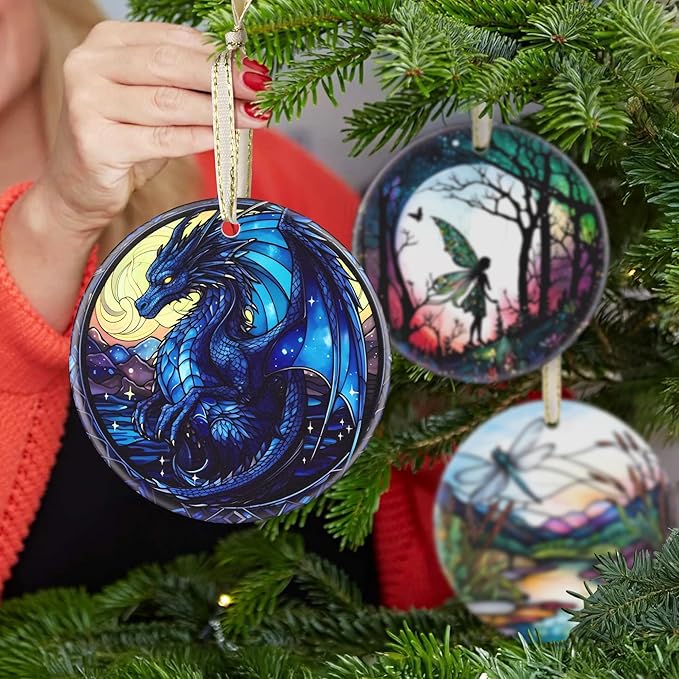 Christmas Ornament - Dragon Decor Round Ceramic - Dragon Ornament - Christmas Tree Decor - Ornaments for Christmas Tree - Dragon Lovers Gifts - Dragon Themed Gifts