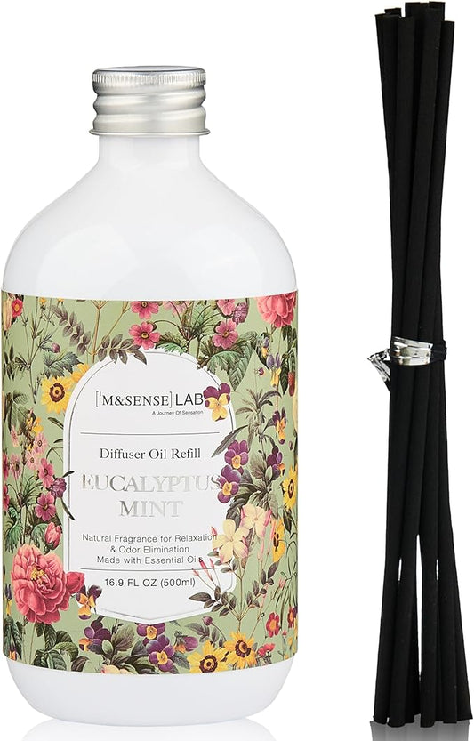 M&SENSE Reed Diffuser Oil Refill, 16.9oz (500ml) with 10 Hollow Reed Sticks, Eucalyptus Mint Scent Home Fragrance, Scented Oil Refills, Natural Essential Oils for Diffusers, Décor for Home Spa Office