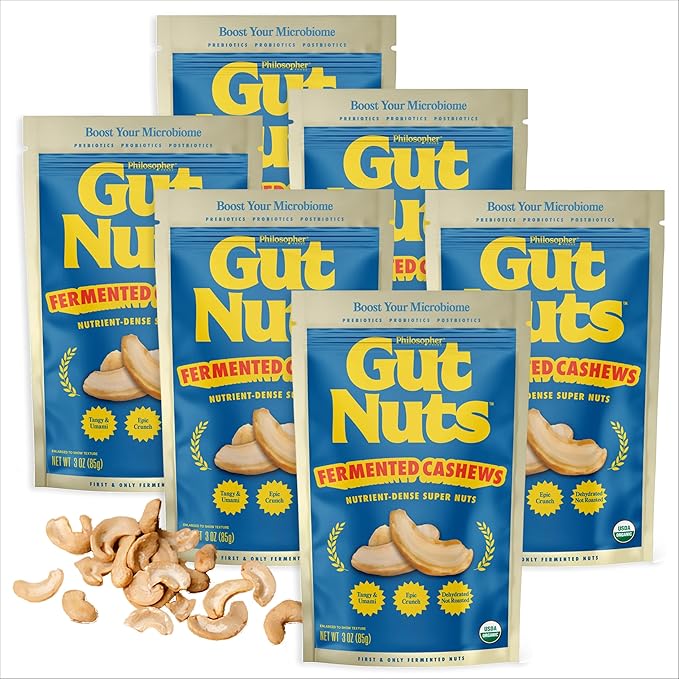 Gut Nuts - Fermented and Sprouted "Sourdough" Cashews for Gut Health - Tangy, Umami, & Salty Flavors - Super Crunchy Low Carb Keto Snacks - Low Sugar Prebiotic & Postbiotic Cashew Snacks - 3oz Pouch (6 Pack) - by Philosopher Foods