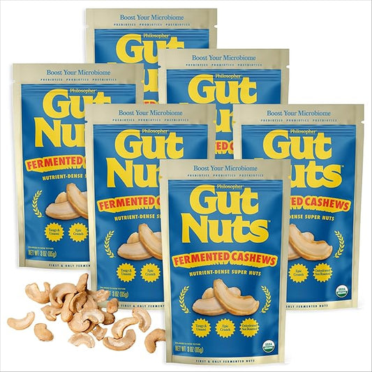 Gut Nuts - Fermented and Sprouted "Sourdough" Cashews for Gut Health - Tangy, Umami, & Salty Flavors - Super Crunchy Low Carb Keto Snacks - Low Sugar Prebiotic & Postbiotic Cashew Snacks - 3oz Pouch (6 Pack) - by Philosopher Foods