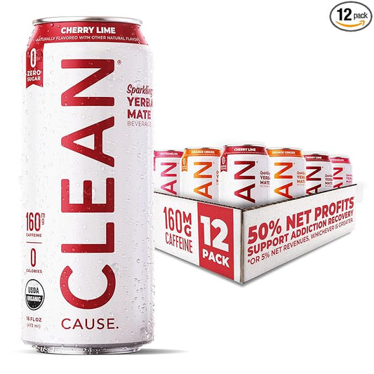CLEAN Cause Zero Sugar Variety Pack Yerba Mate Tea Sparkling, USDA Organic Energy Drink Alternative, Zero Calorie, 160mg Natural Caffeine, Soda Alternative, Plant-Based (16oz cans, 12-Pack Case)