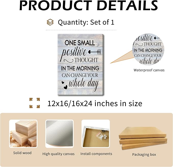 Farmhouse Inspirational Wall Decor for Home Decoration – One Small Positive Thought in the Morning Quote Picture Canvas Prints, Motivational Wall Art for Living Room Bedroom 12x16 inch Framed