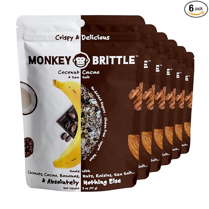 Monkey Brittle Healthy Snacks, Crispy Plant-Based Treats for Kids & Adults, Vegan & Gluten-Free, All-Natural Snack for School, Sports, Camping & On-the-Go (Pack of 6), Cacao Coconut